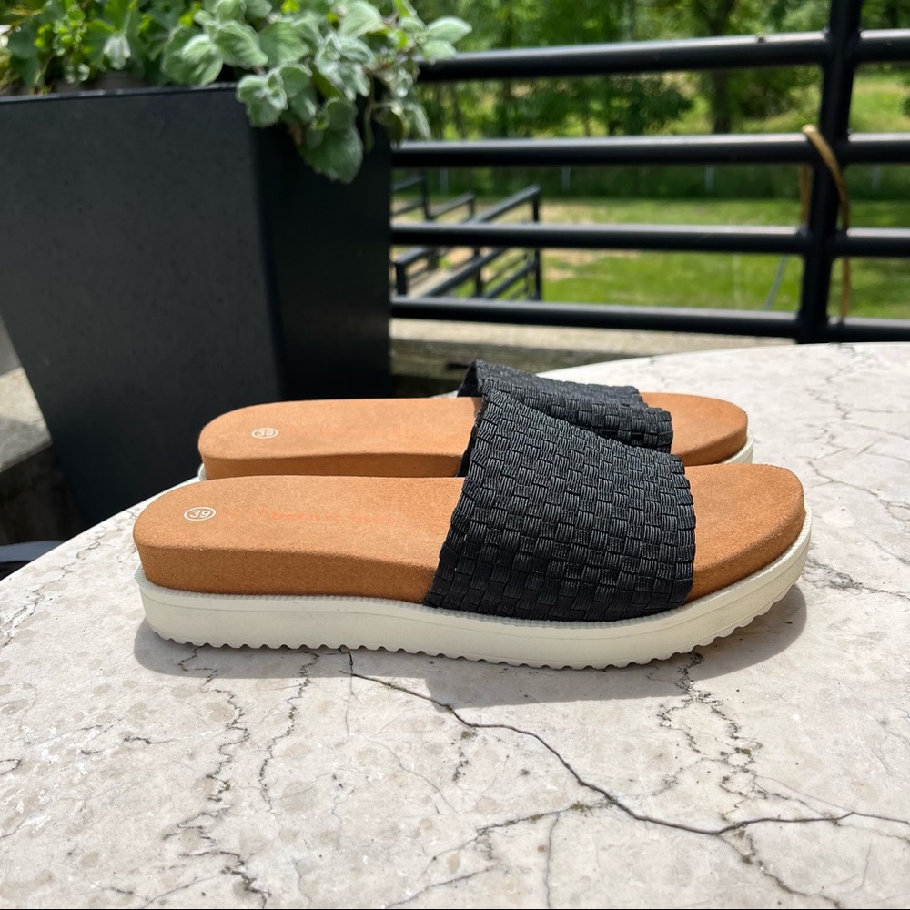 Stylish Bernie Mev Black Woven Slide Sandals